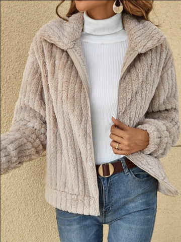 Casual Coat, Women's Fuzzy Long Sleeve Zip Up Lapel Collar Shaggy Teddy Coat