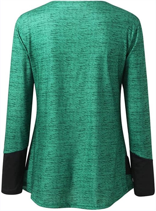 Color Block Button T-Shirt, V Neck Long Sleeve T-Shirt, Casual Every Day Tops