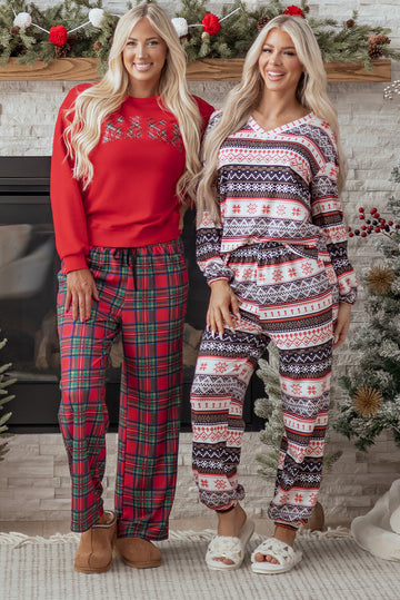 Black Retro Christmas Pattern Loose Pullover 2pcs Lounge Pant Set