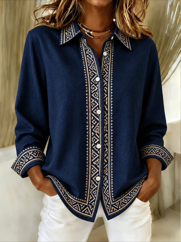 Vintage Geometric Long Sleeve Plain Regular Micro-Elasticity Regular Fit Shirt