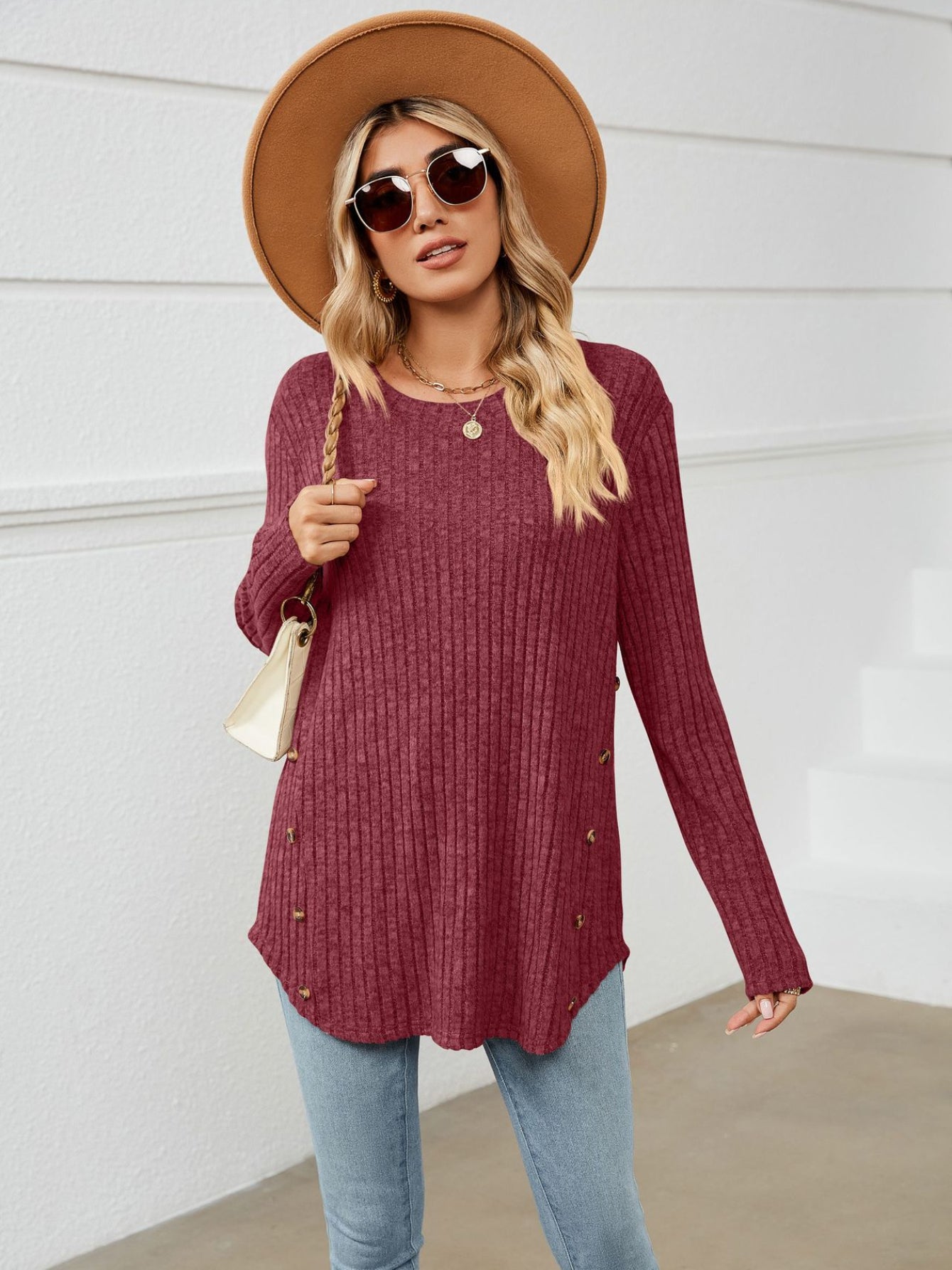 Solid Crew Neck Rib Knit Top, Casual Button Long Sleeve Loose Sweater