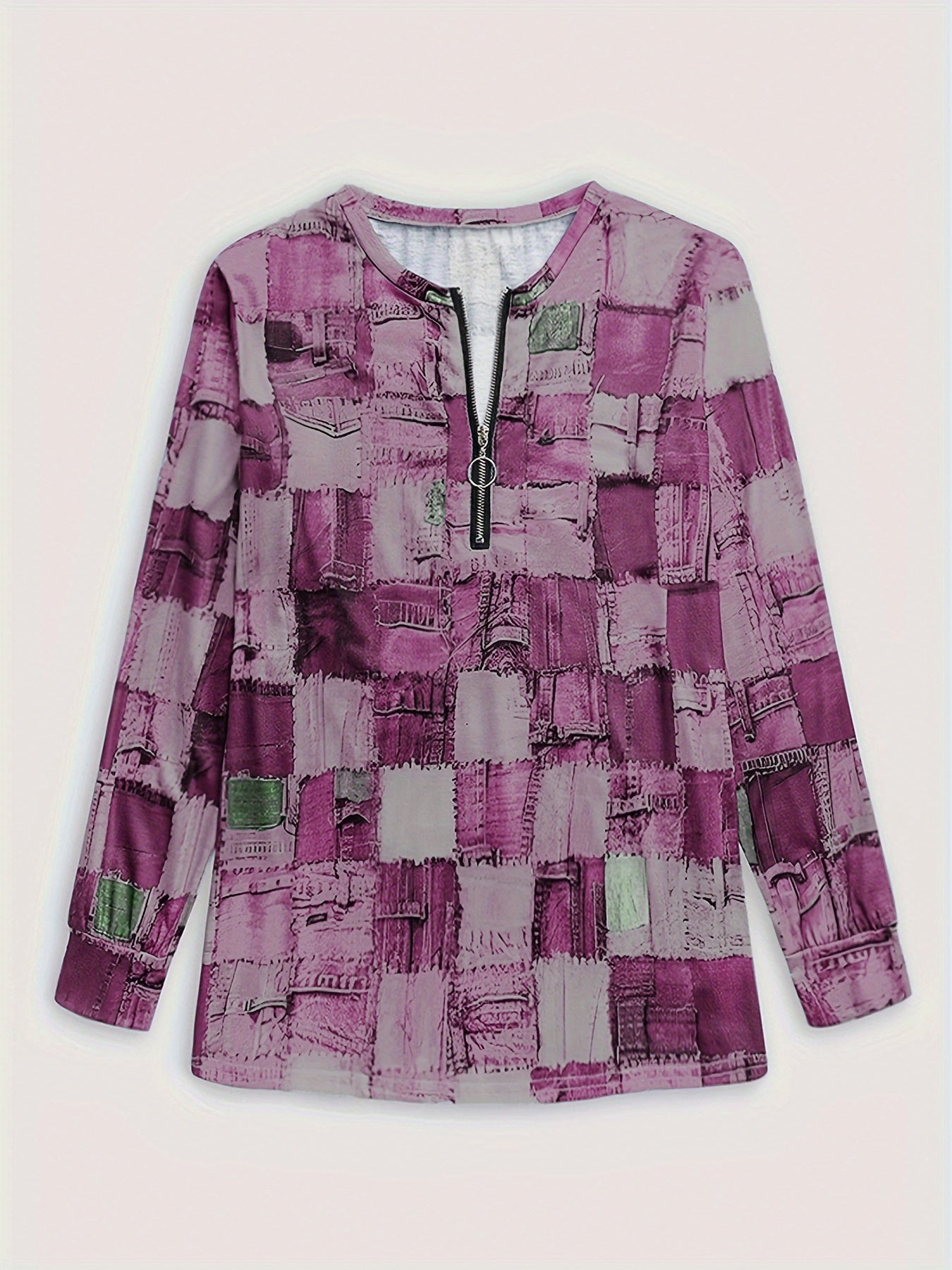 Patchwork Zipper T-shirt, Casual Crew Neck Long Sleeve Summer T-shirt