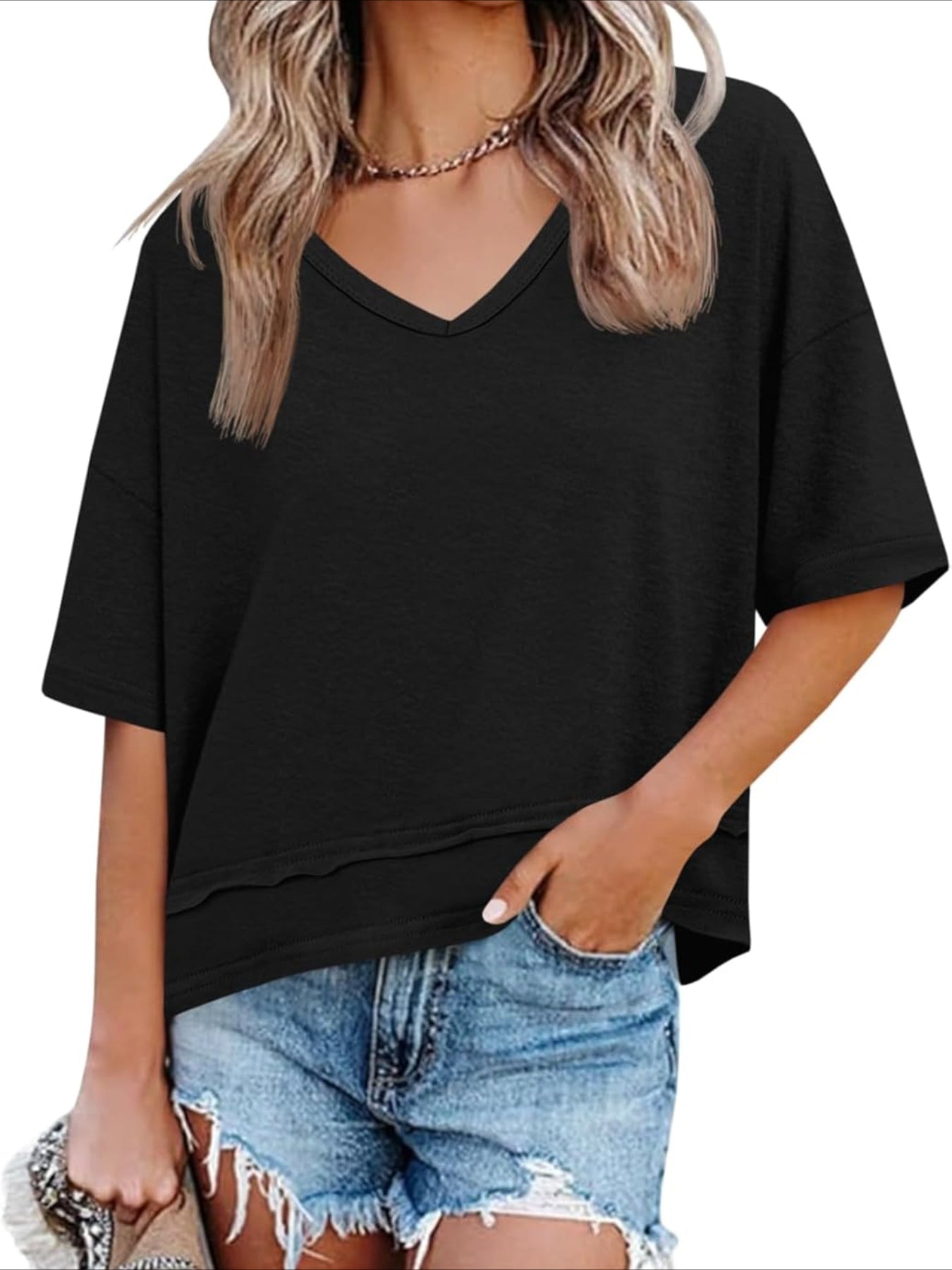 V Neck Casual Short Sleeve Flowy Cute Loose Fit Basic Tees
