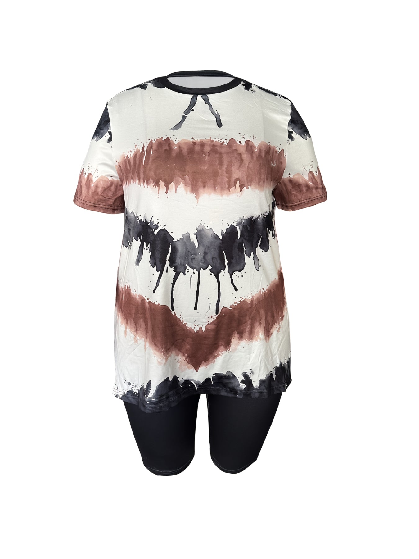 Casual Two-Piece Set Color Block Print Short Sleeve Top With Side Slit & High-Waisted Shorts