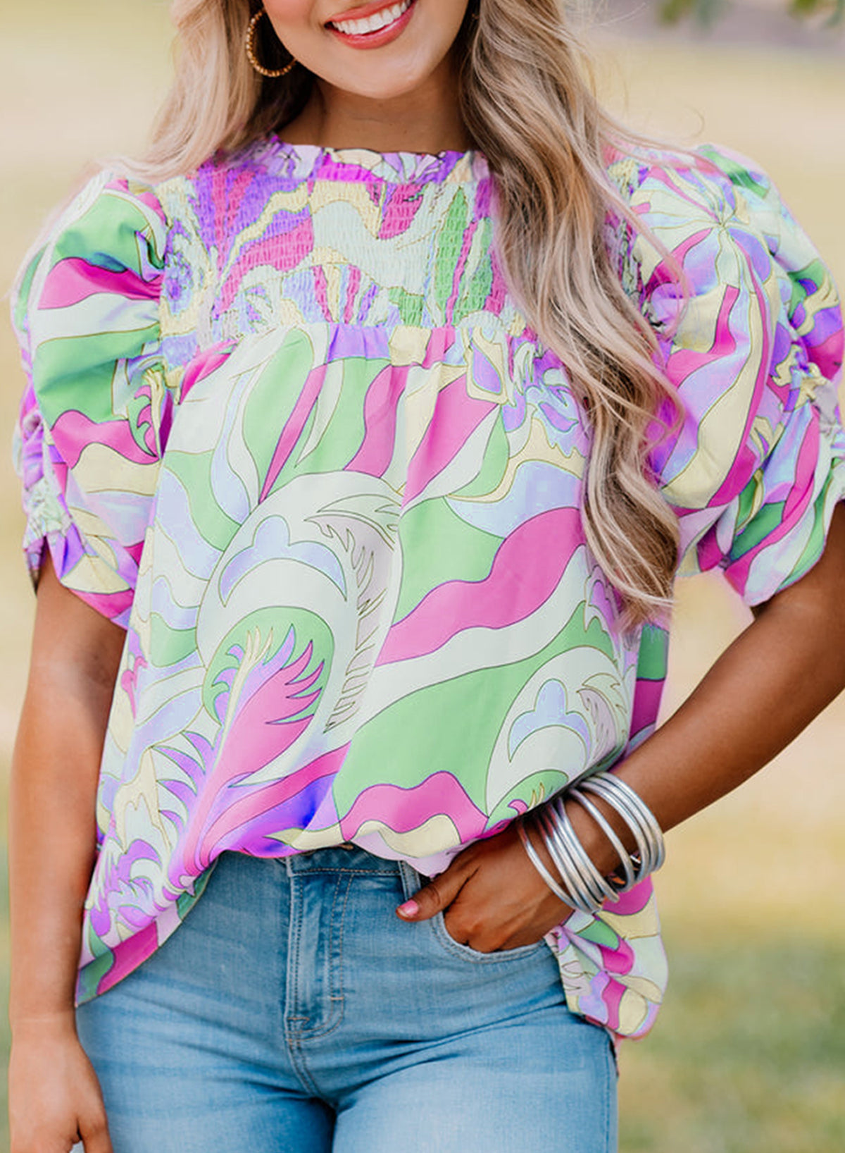 Green Abstract Print Bubble Sleeve Smock Detail Blouse