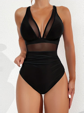 Solid Mesh Contrast One-piece Swimsuit, V Neck Stretchy Ruched Bathing Suits
