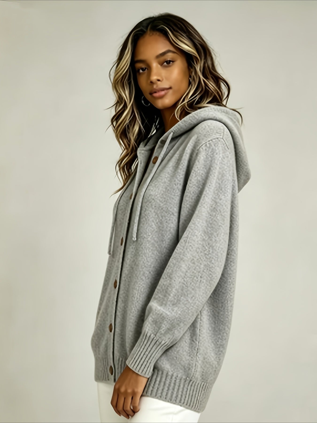 Solid Color Casual Hooded Cardigan Coat with Buttons