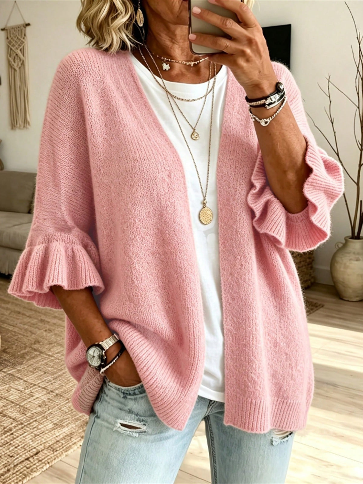 Open Front Ruffle Sleeve Knit Cardigan
