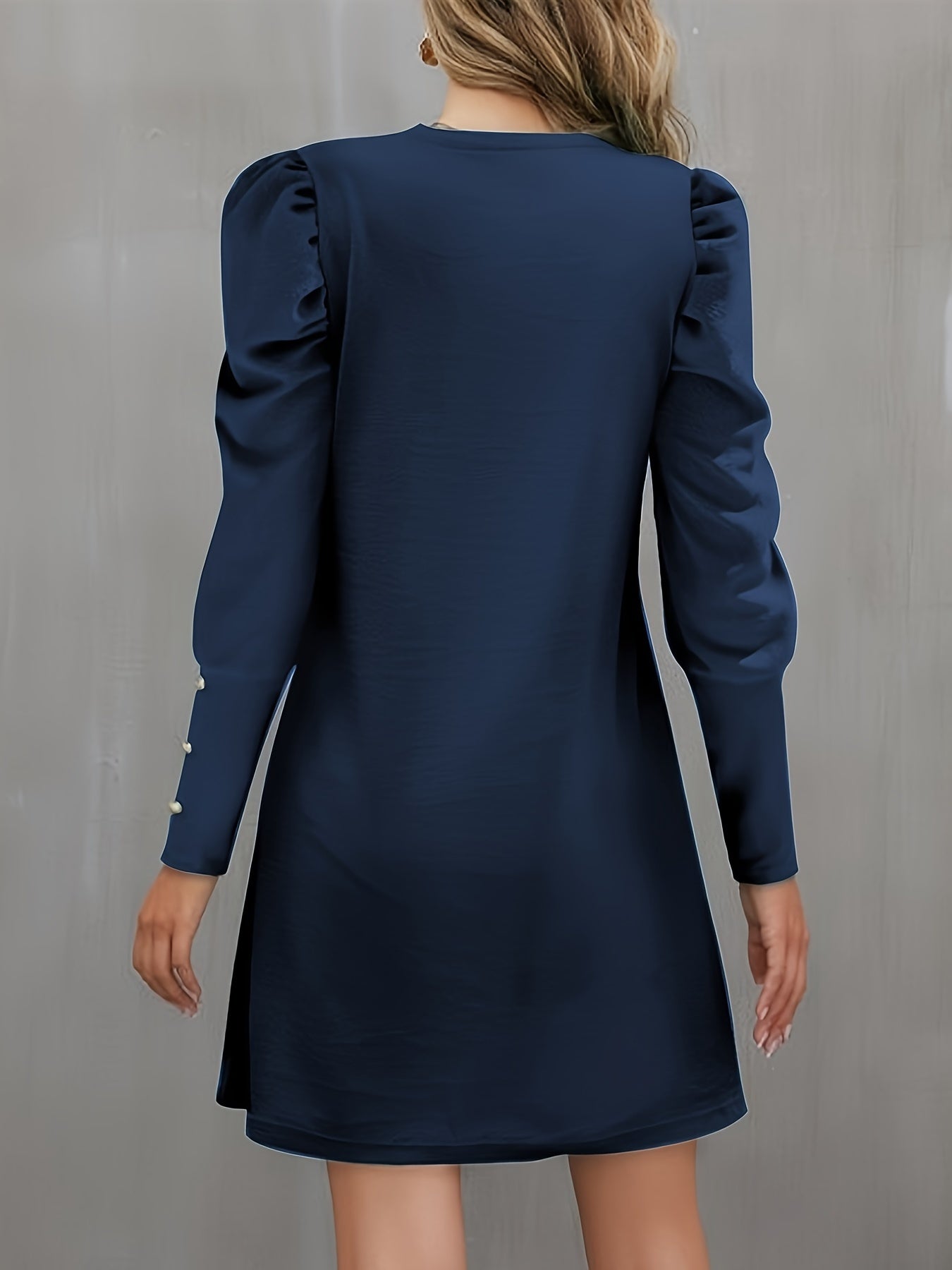 Solid Crew Neck Dress, Elegant Puff Sleeve Button Decor Dress