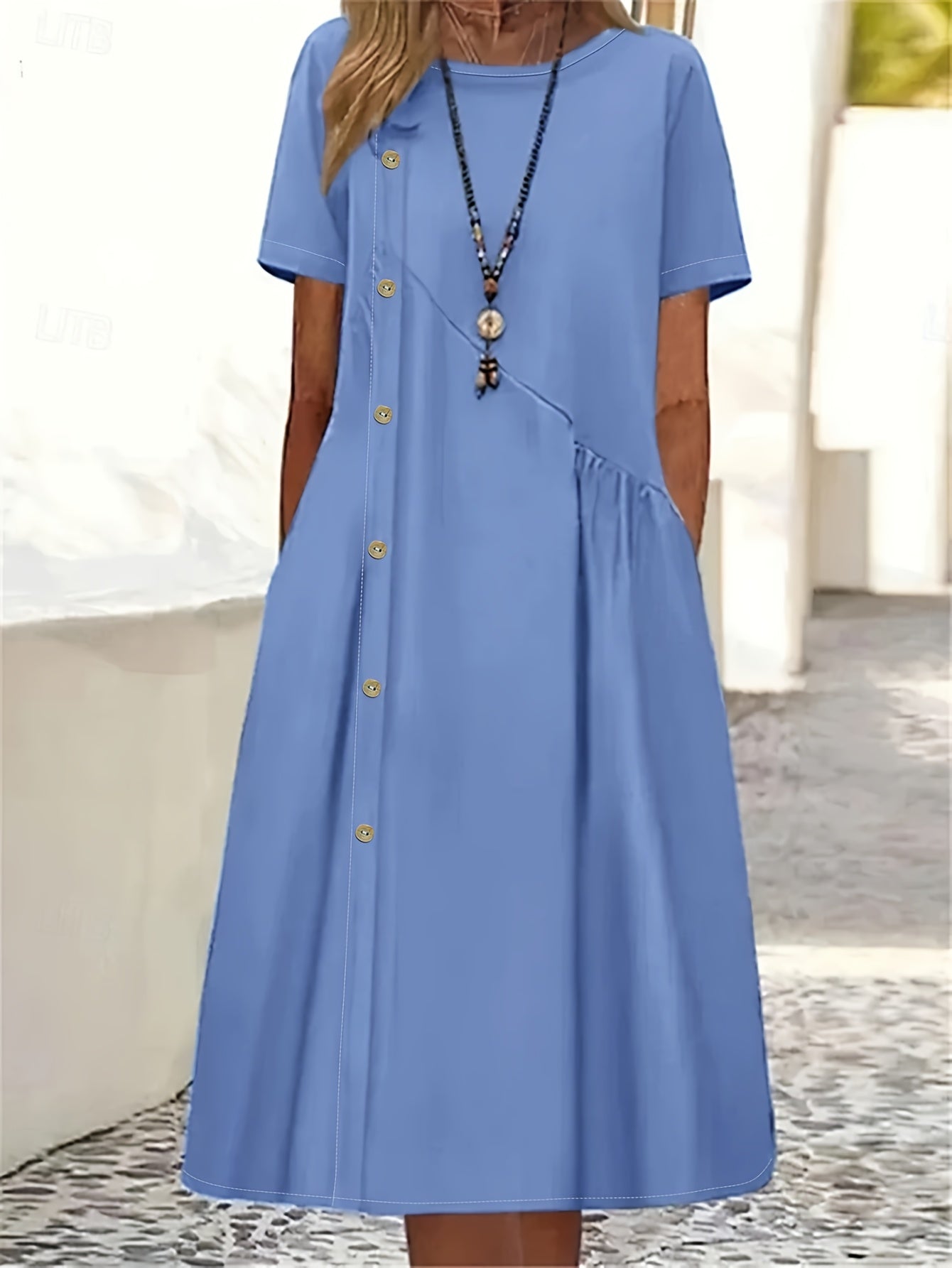 Polyester Women's Summer Dress | Light Blue Casual A-Line Mini with Decorative Buttons