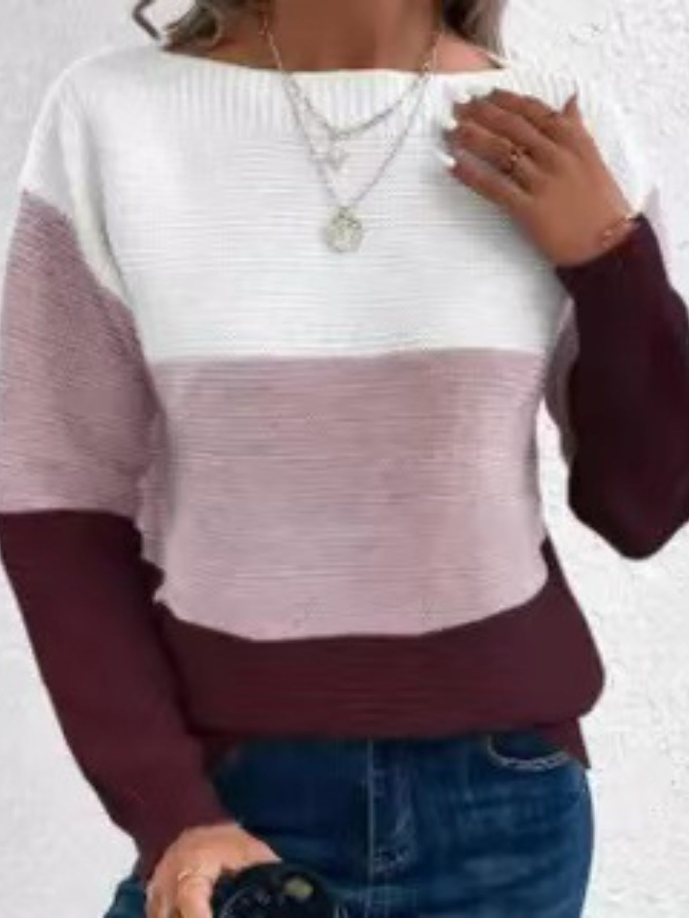 Long Sleeve Pullover Color Block Boat Neck Sweater