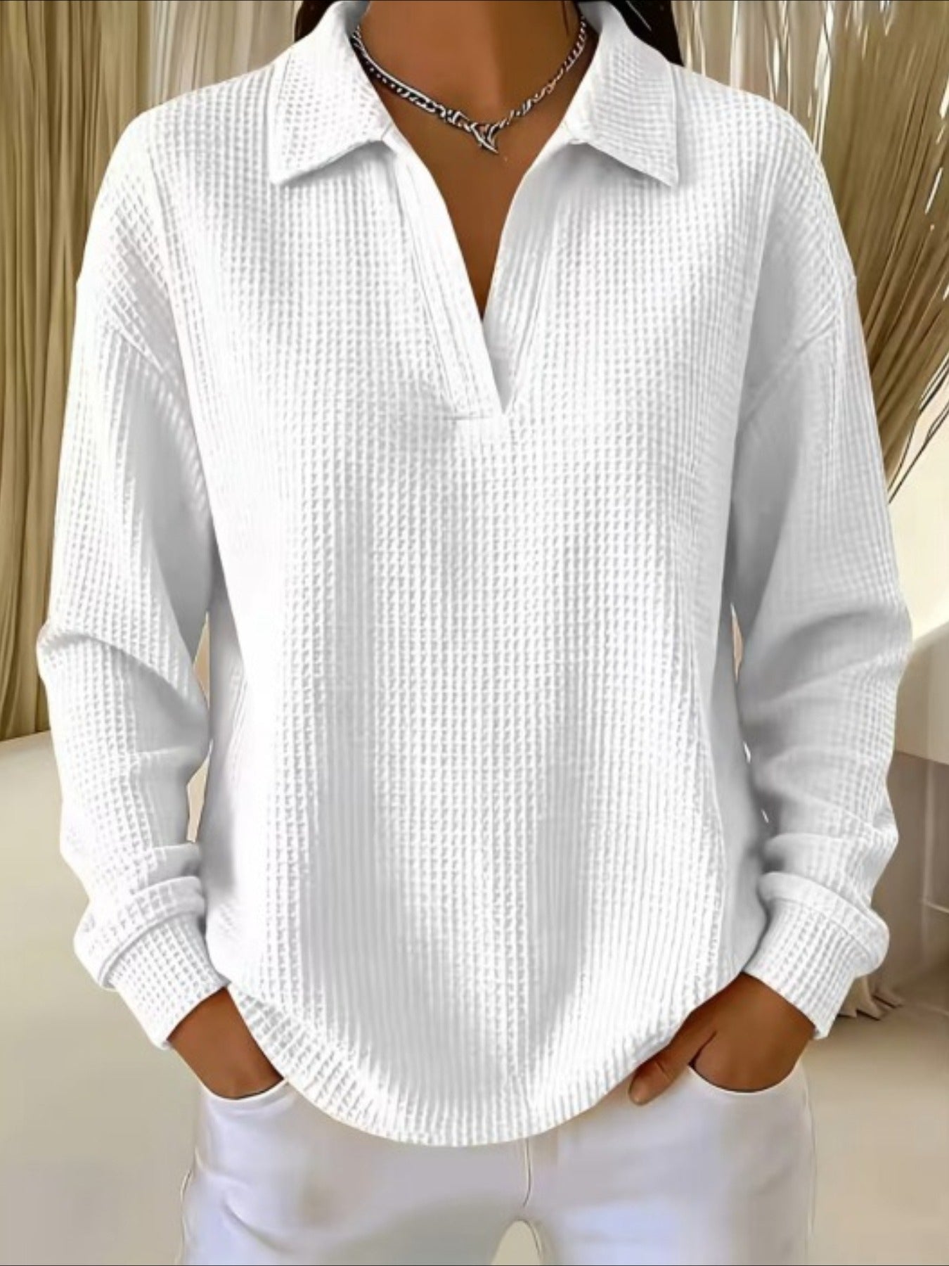 Waffle Lapel Neck Long Sleeve Polo Top