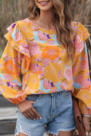 Ginger Floral Print Ruffle Puff Sleeve Blouse