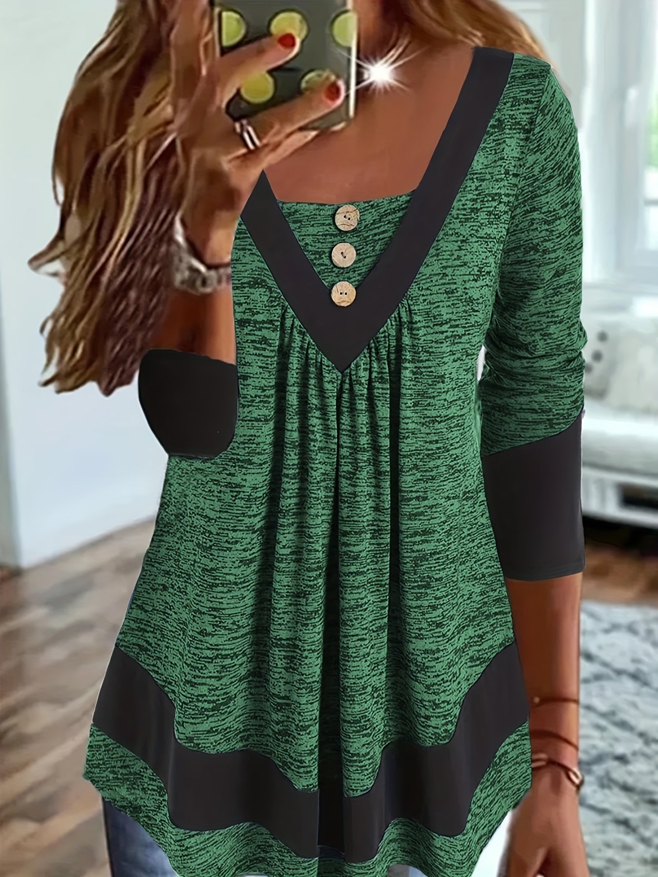 Color Block Button T-Shirt, V Neck Long Sleeve T-Shirt, Casual Every Day Tops