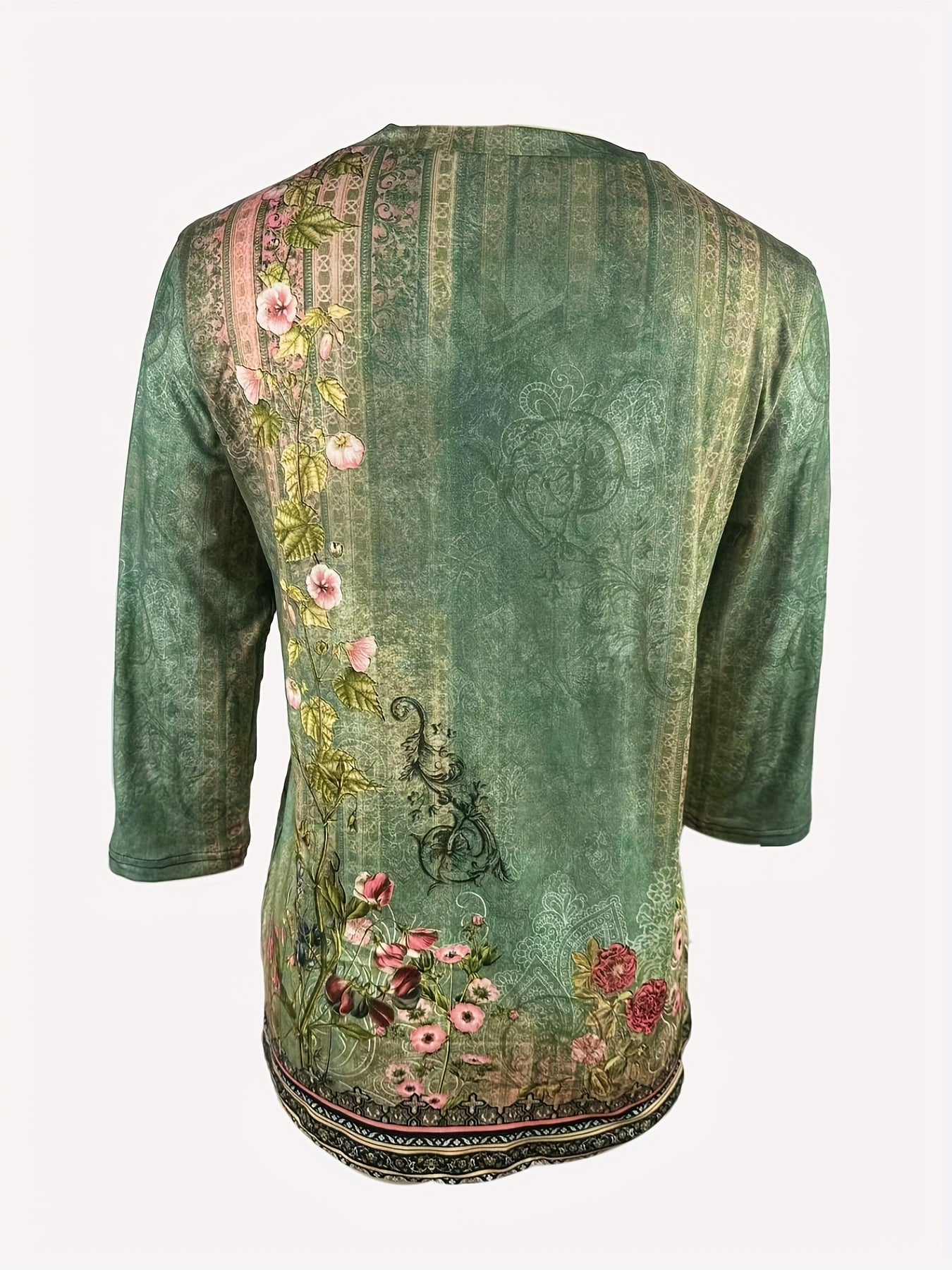 Floral Print Crew Neck T-Shirt, Casual 3/4 Sleeve Top