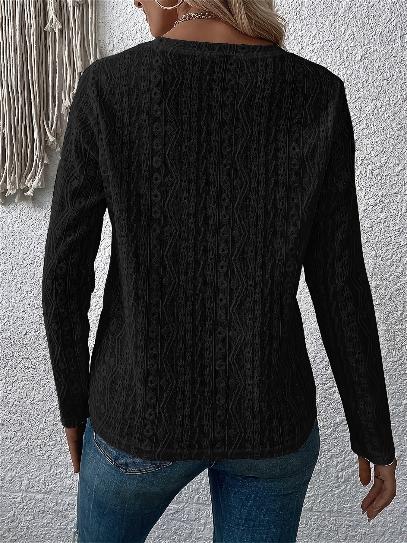 Eyelet Embroidery T-Shirt, Crew Neck Long Sleeve T-Shirt, Casual Every Day Tops