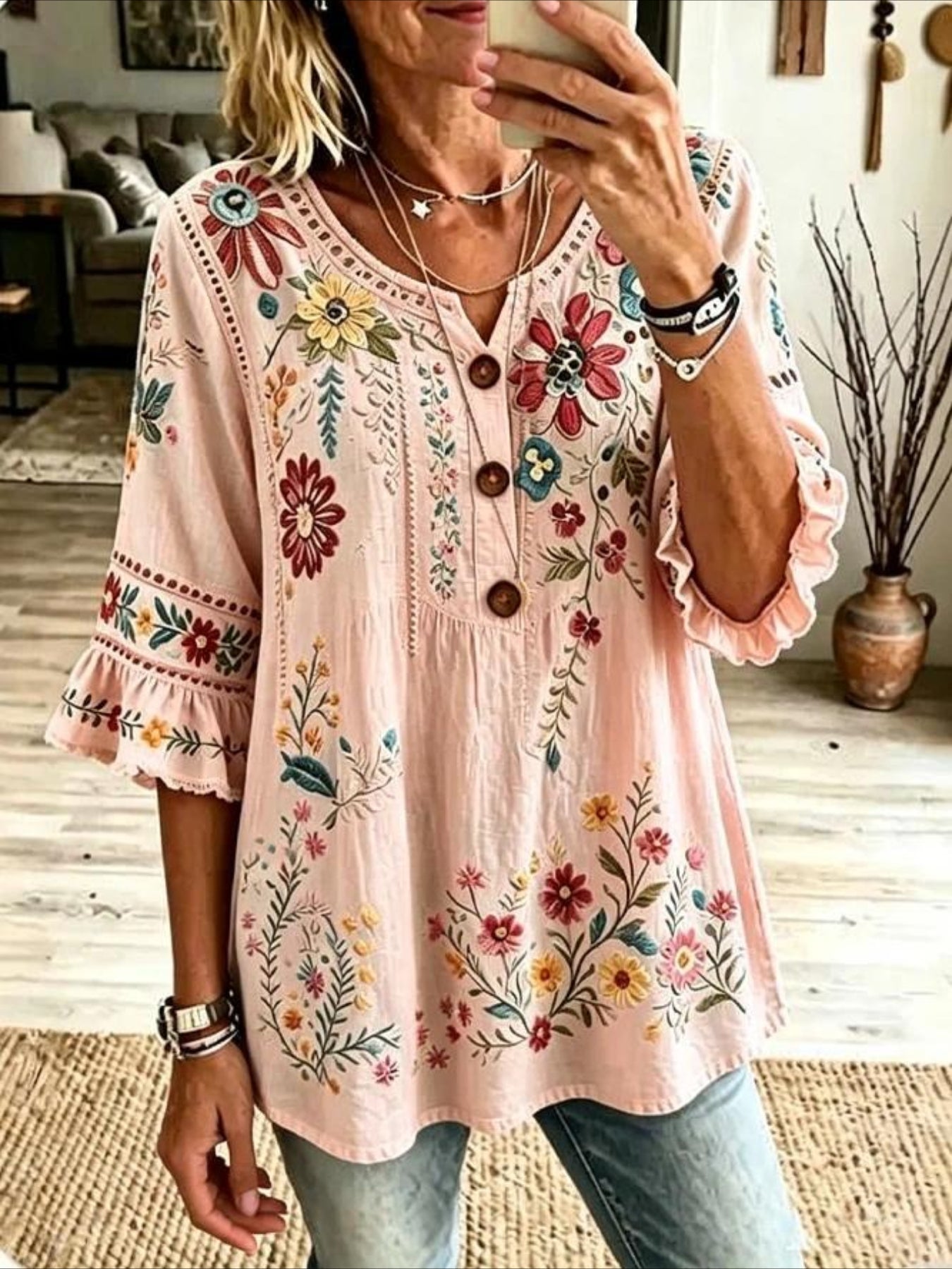 V Neck Button Short Ruffle Sleeve Casual Blouse