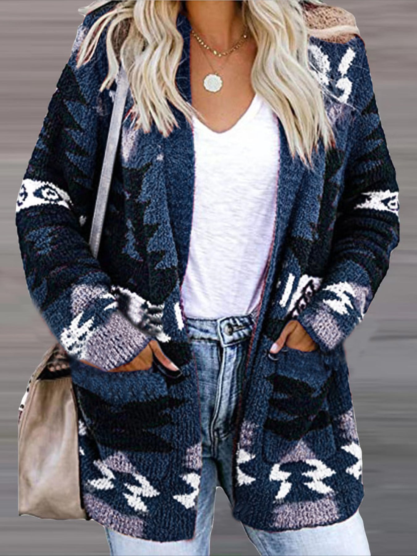 Stylish Women's Long Sleeve Ethnic Pattern Open Front Pocket Cardigan for Casual Wear