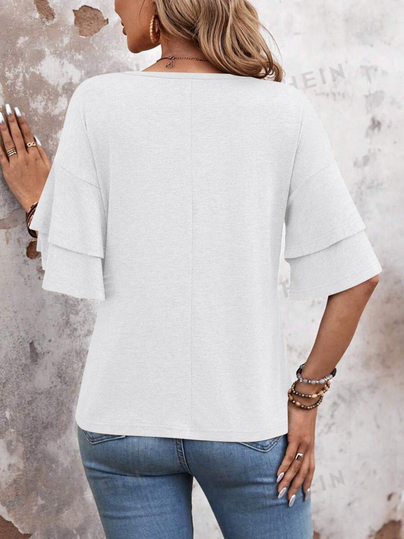 Casual Solid Color Flare Sleeve V Neck T-Shirt