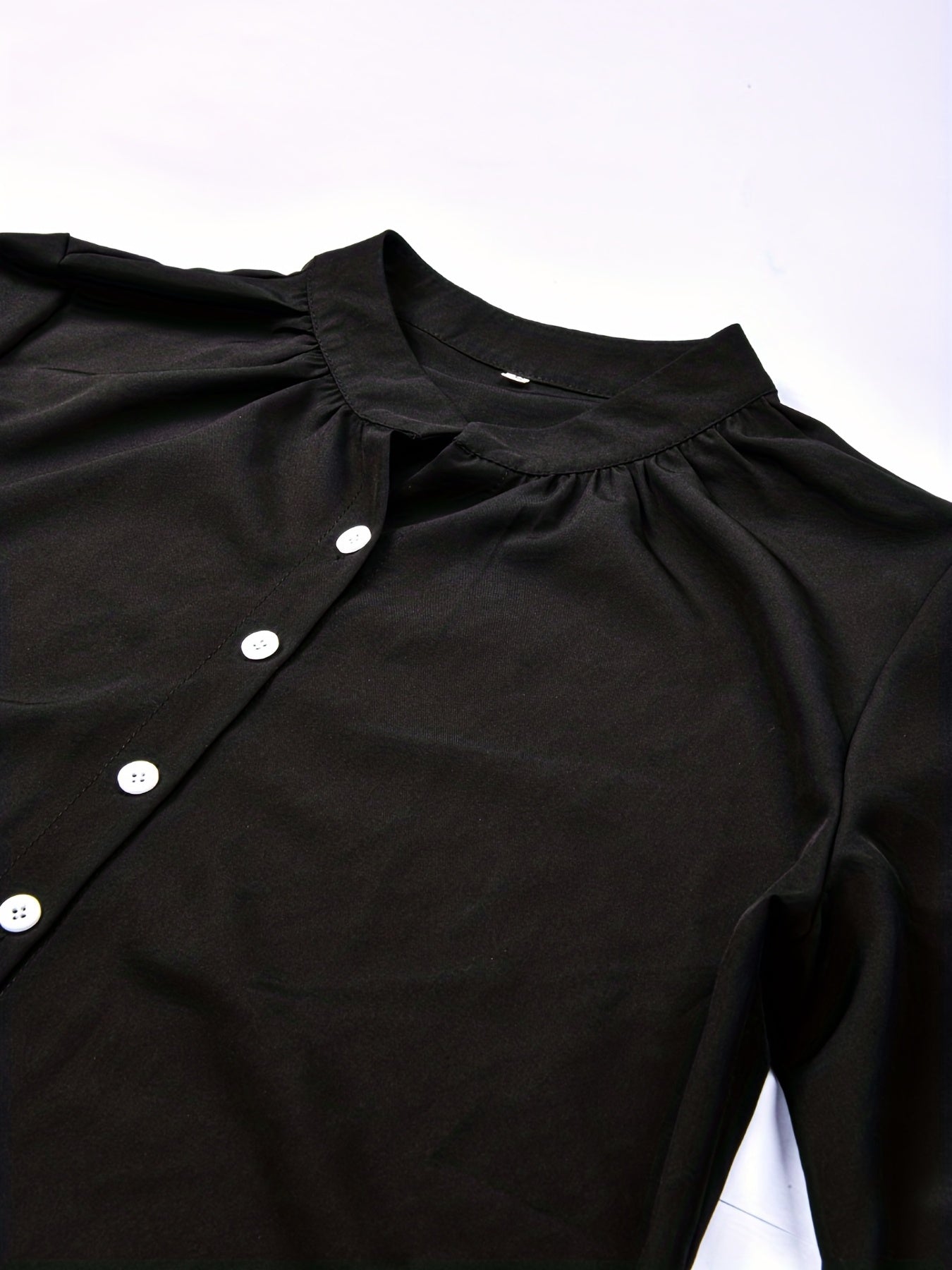 Solid Button Front Blouse, Casual Stand Collar Long Sleeve Blouse