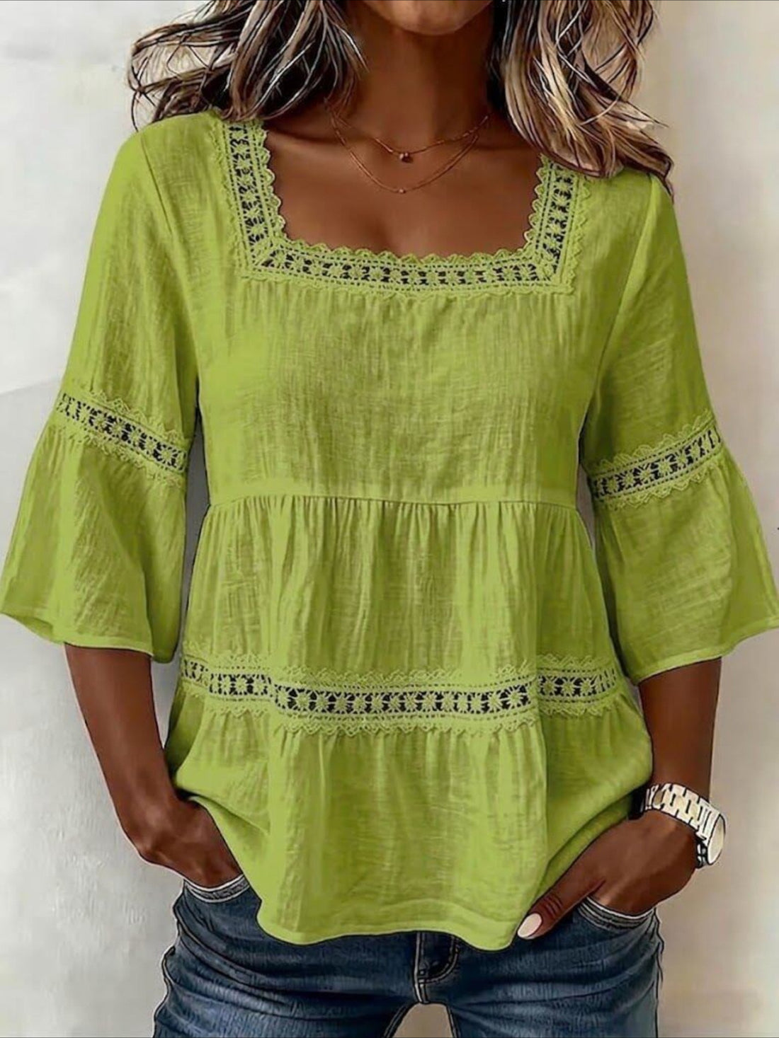 3/4-Length Bell Sleeves Square-Neck Lace-Panel Blouse