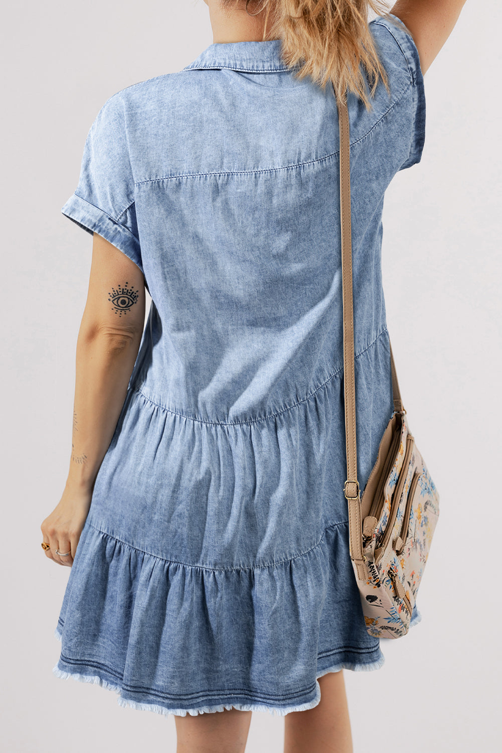 Beau Blue Acid Wash V Neck Tiered Denim Dress