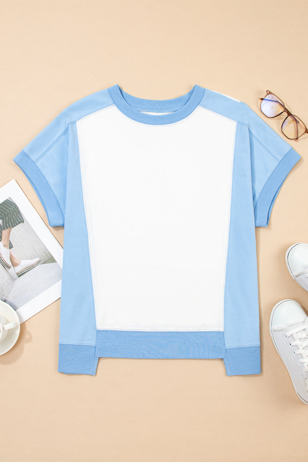 Sky Blue Color Block Exposed Seam Crew Neck T Shirt