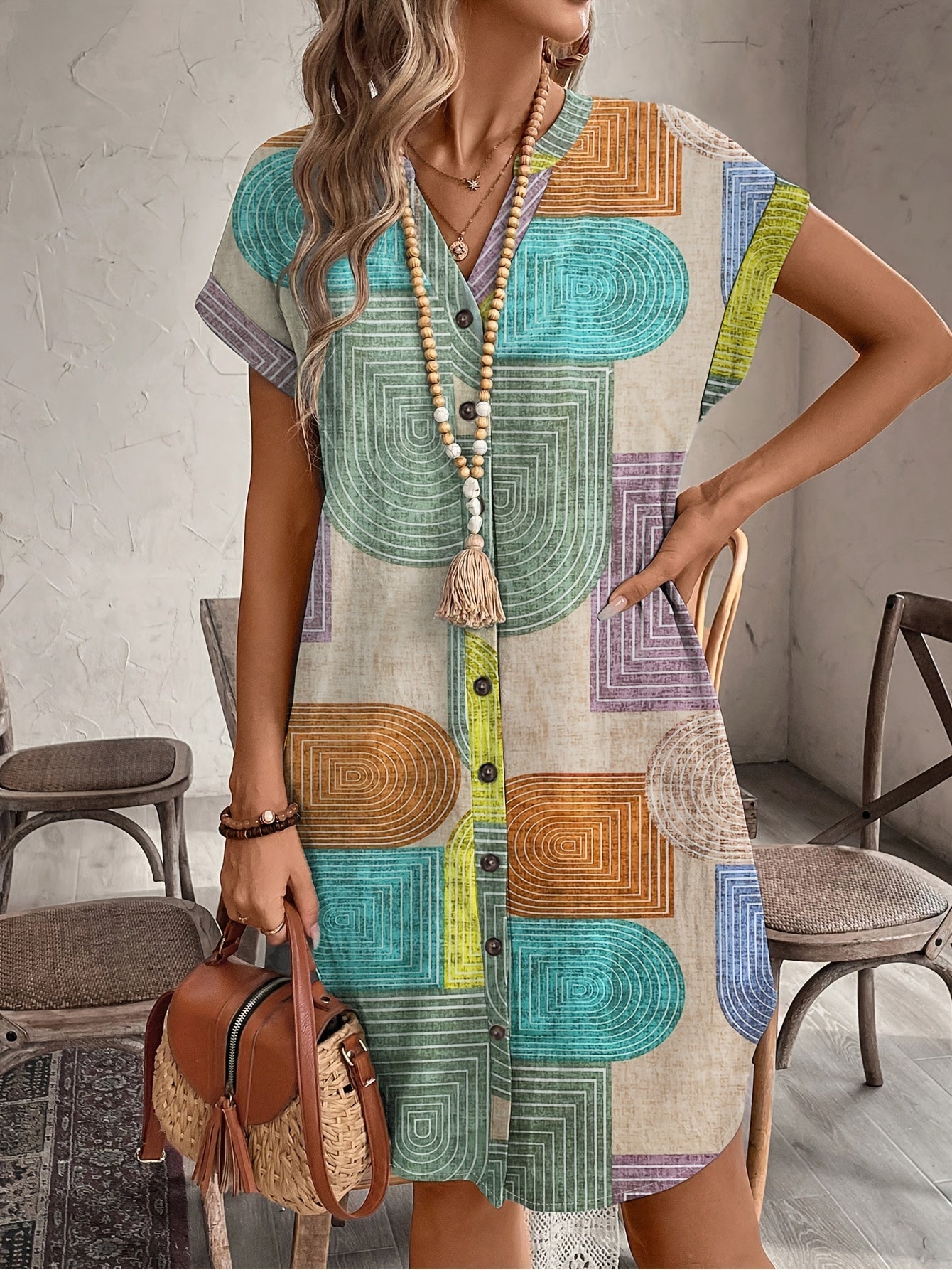 Geometric Print V-Neck Elegant Fitted Casual Elegant Attire Dress