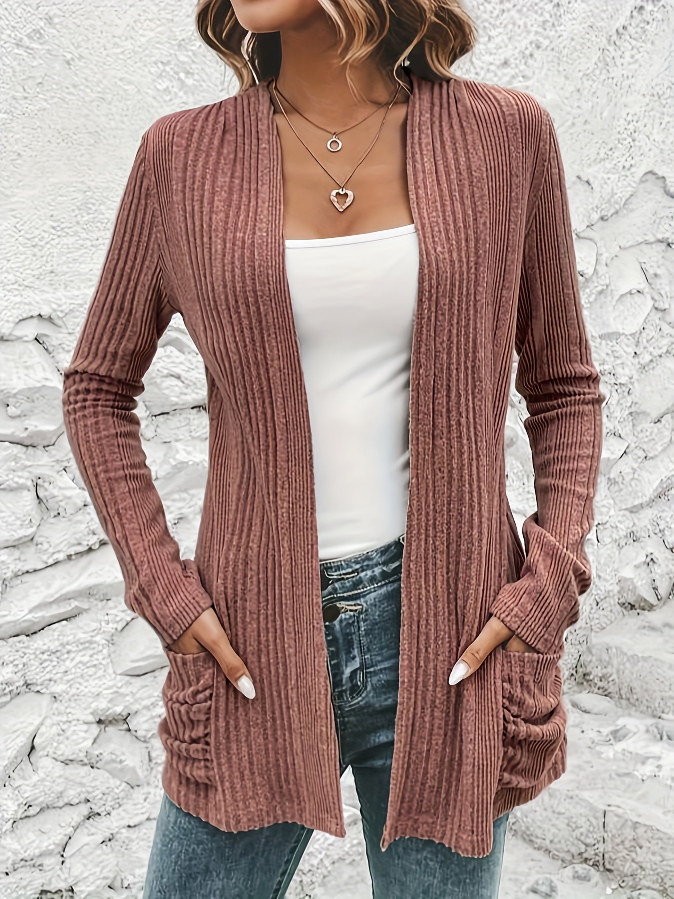 Solid Open Front Rib Knit Cardigan, Casual Long Sleeve Slim Cardigan With Pocket