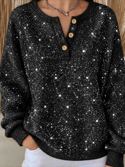 Christmas Button Crew Neck Long Sleeve Sweater