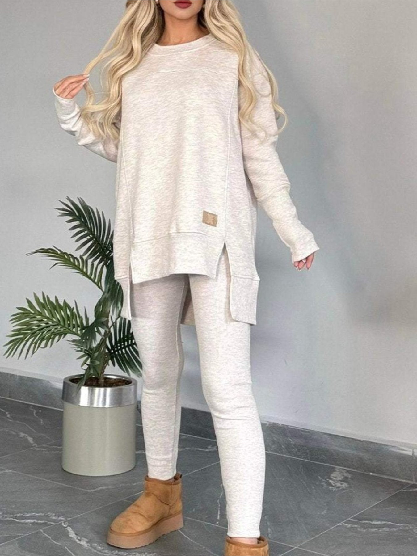 Slit Round Neck Top and Pants Set