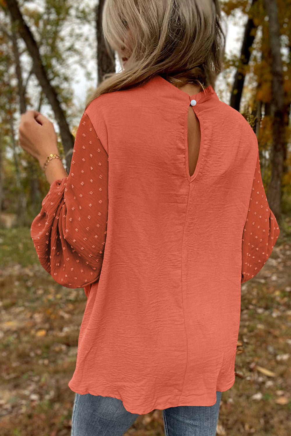 Russet Orange Swiss Dot Balloon Sleeve Loose Blouse