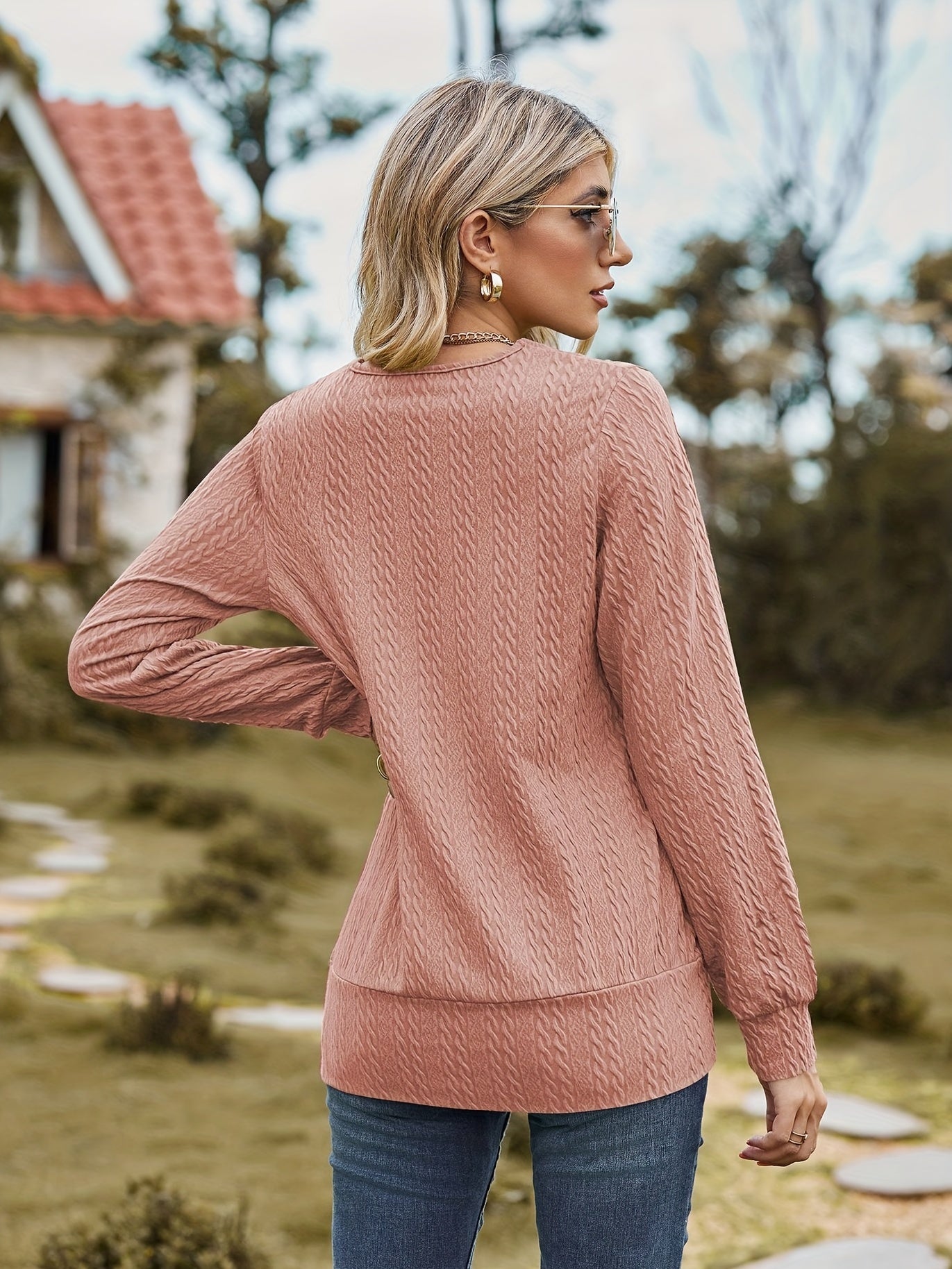 Women's Solid Cable Faux Twinset Long Sleeve Square Neck Slight Stretch T-shirt