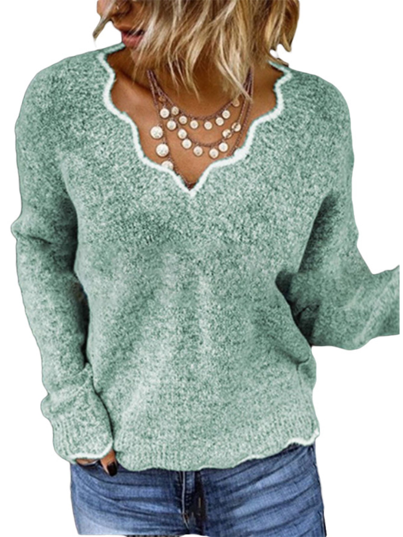 Scallop Trim Knit Sweater, Casual V Neck Long Sleeve Sweater