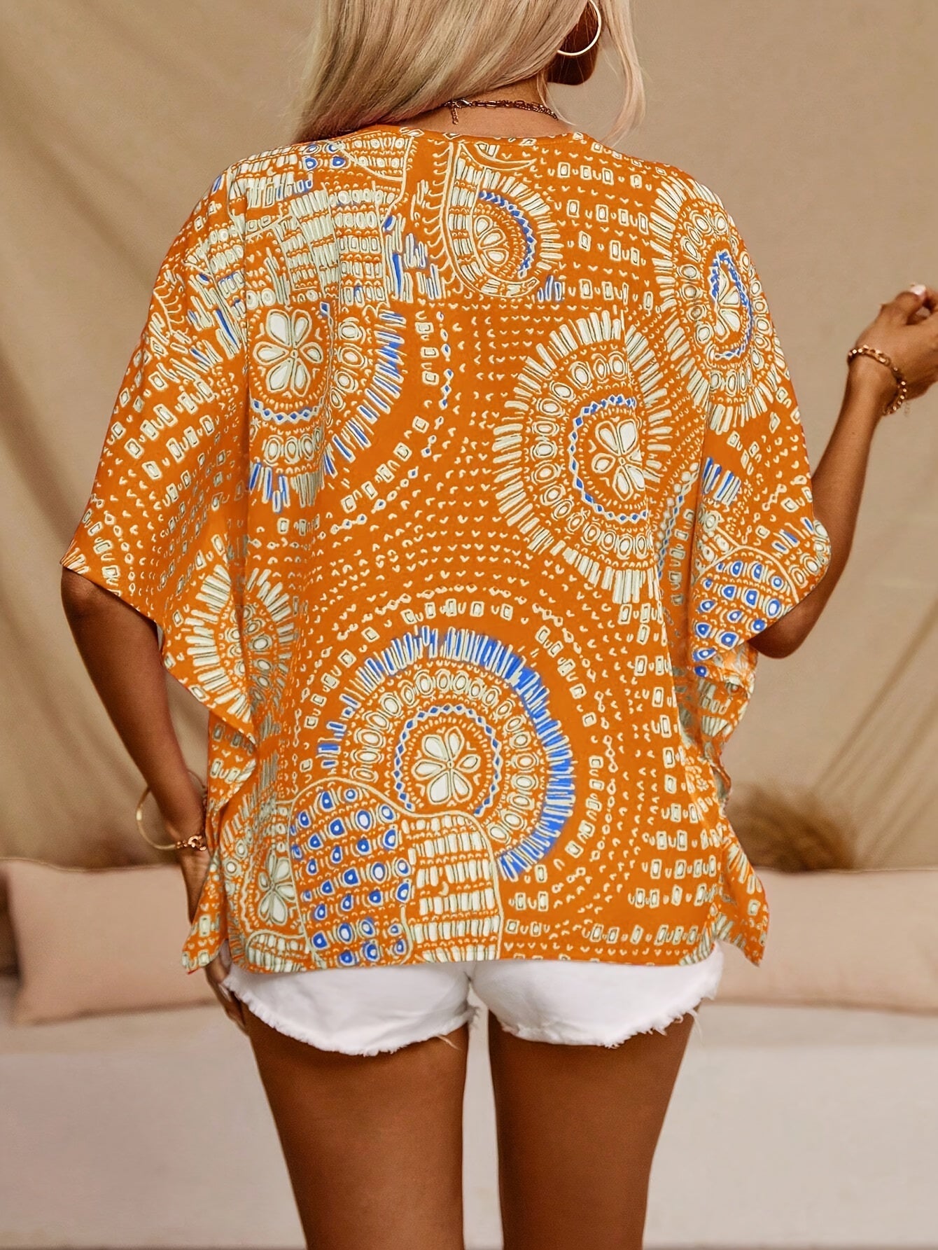 Mandala Print V-neck Blouse, Vacation Style Batwing Sleeve Top