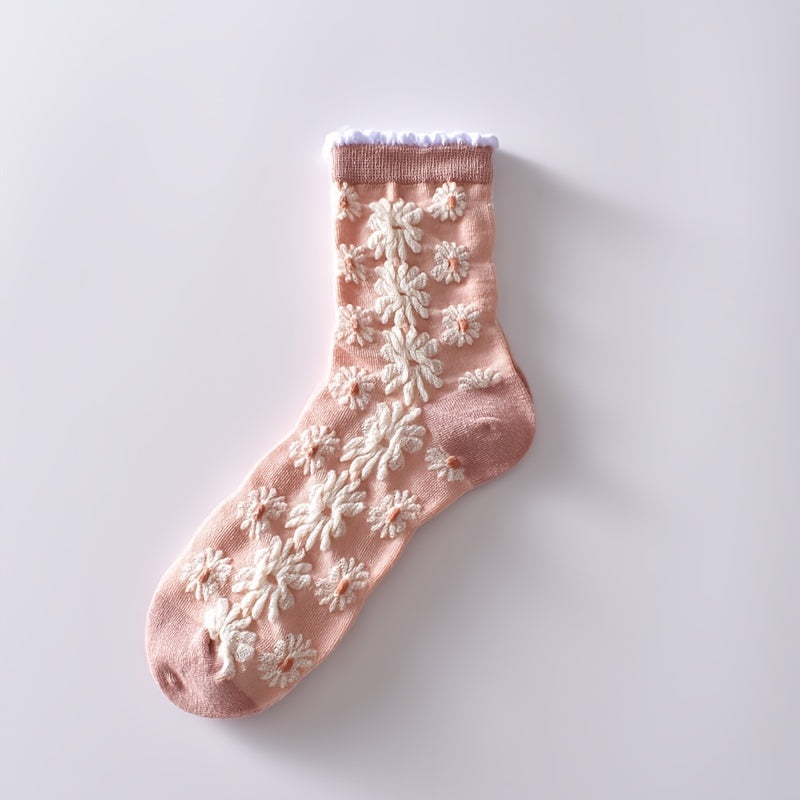 6 Pairs Flower Bubble Cable Crew Socks, Lightweight & Comfy Mid-tube Socks