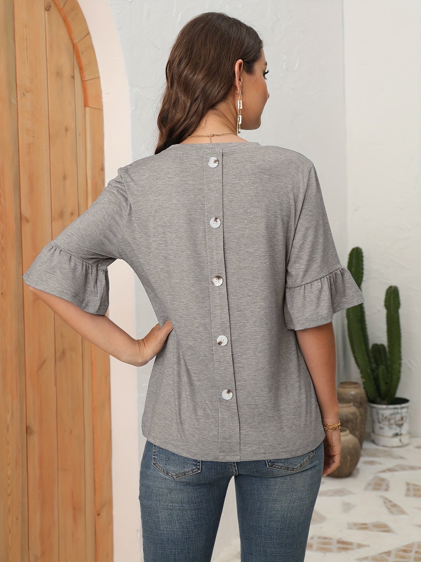 Button Back Solid T-shirt, Casual Crew Neck Half Sleeve T-shirt