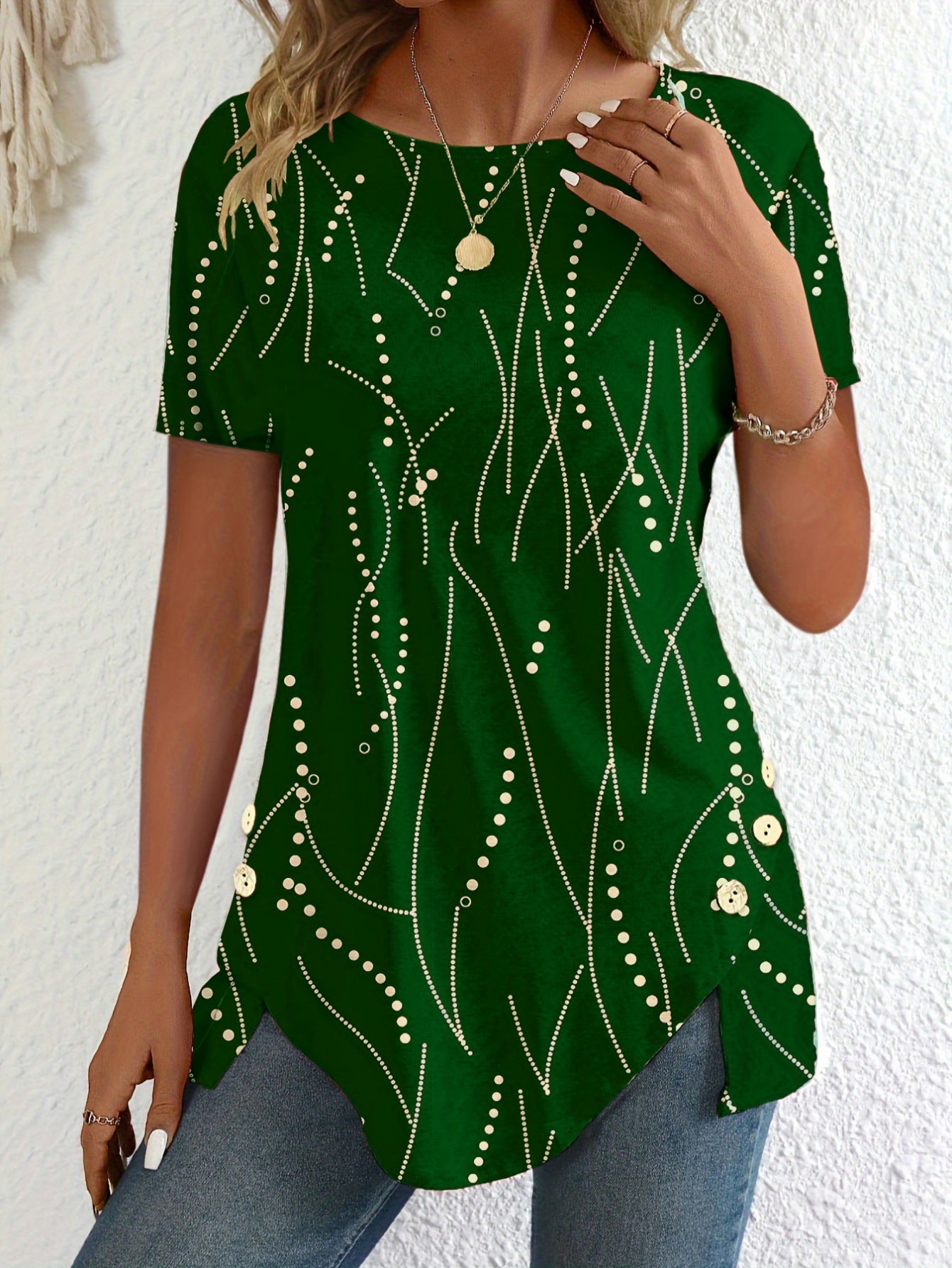 Polka Dots Print Crew Neck T-Shirt, Casual Button Decor Short Sleeve T-Shirt