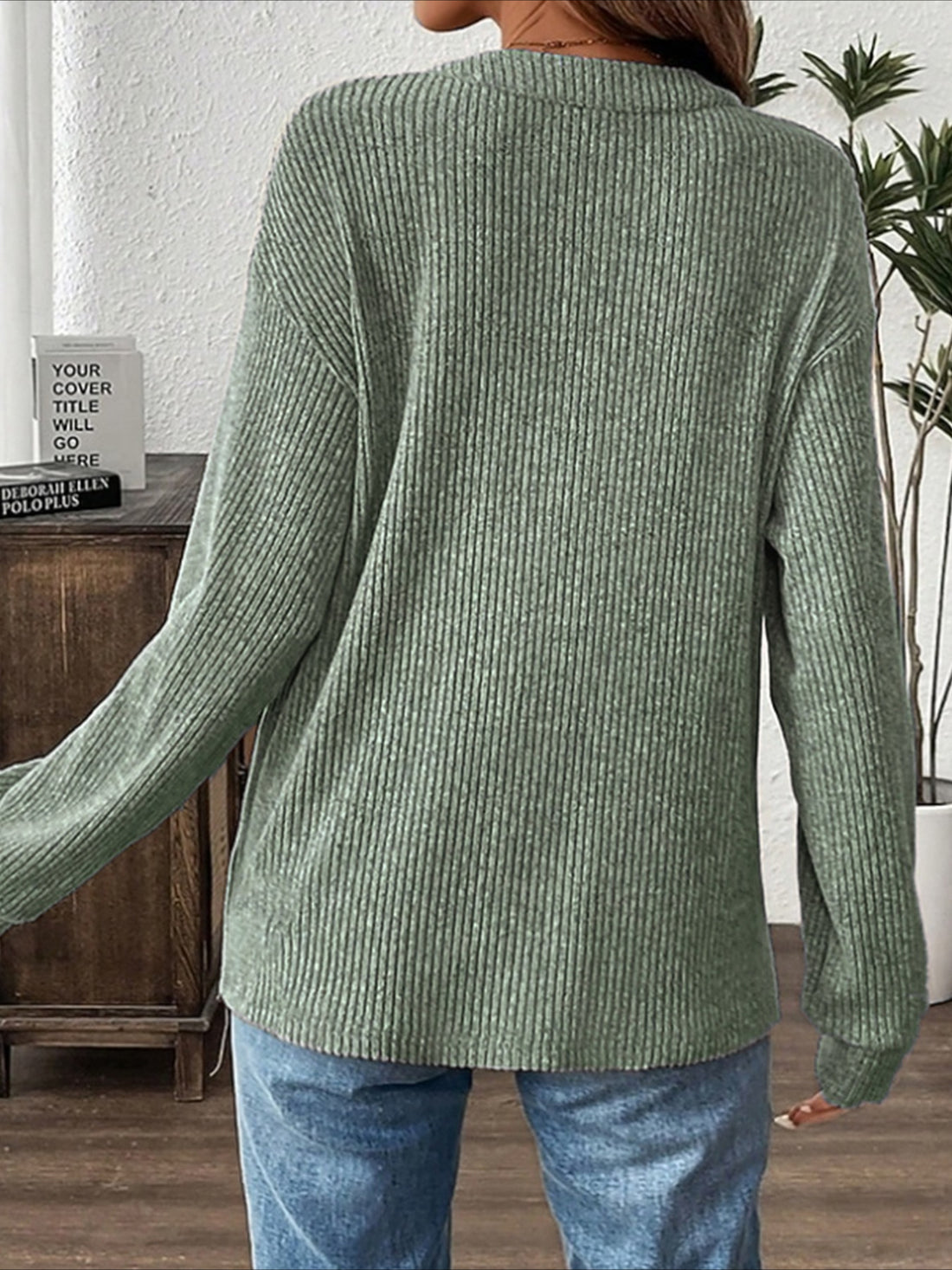 Ribbed Button Detail Long Sleeve T-Shirt