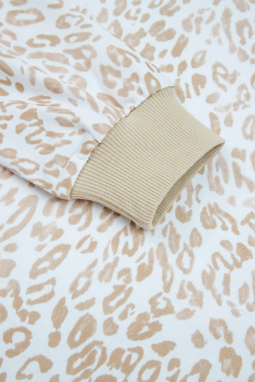 Khaki Leopard Ruffle Detail Ribbed Trim Round Neck Sweatshirt