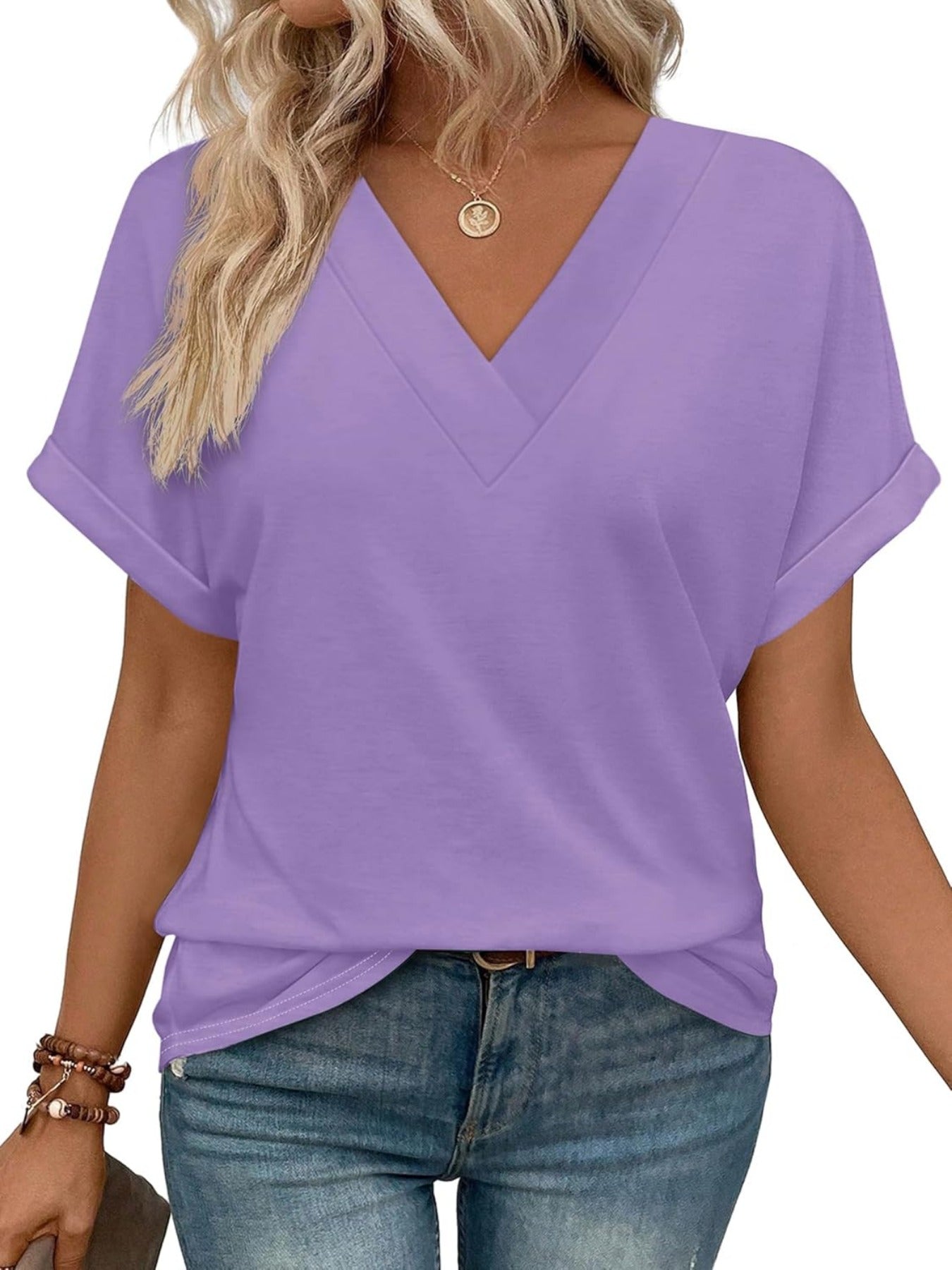 Solid Color V Neck Short Dolman Sleeve Shirts
