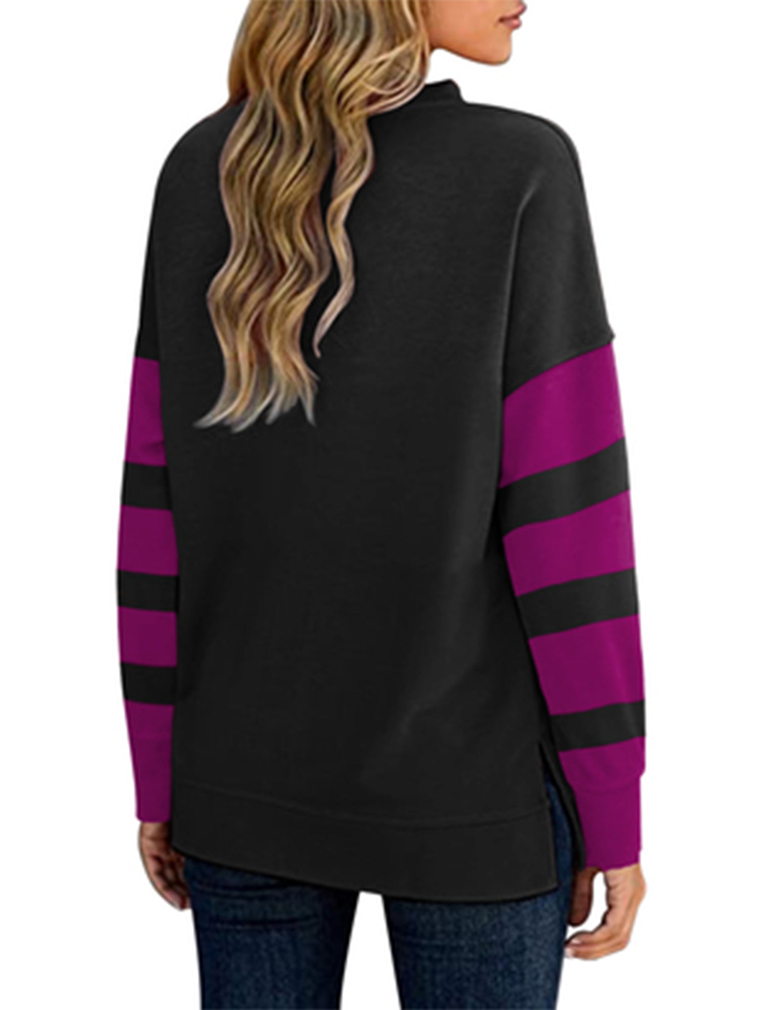 Women's T-shirt Colorblock Long Sleeves Zipper Loose T-Shirt