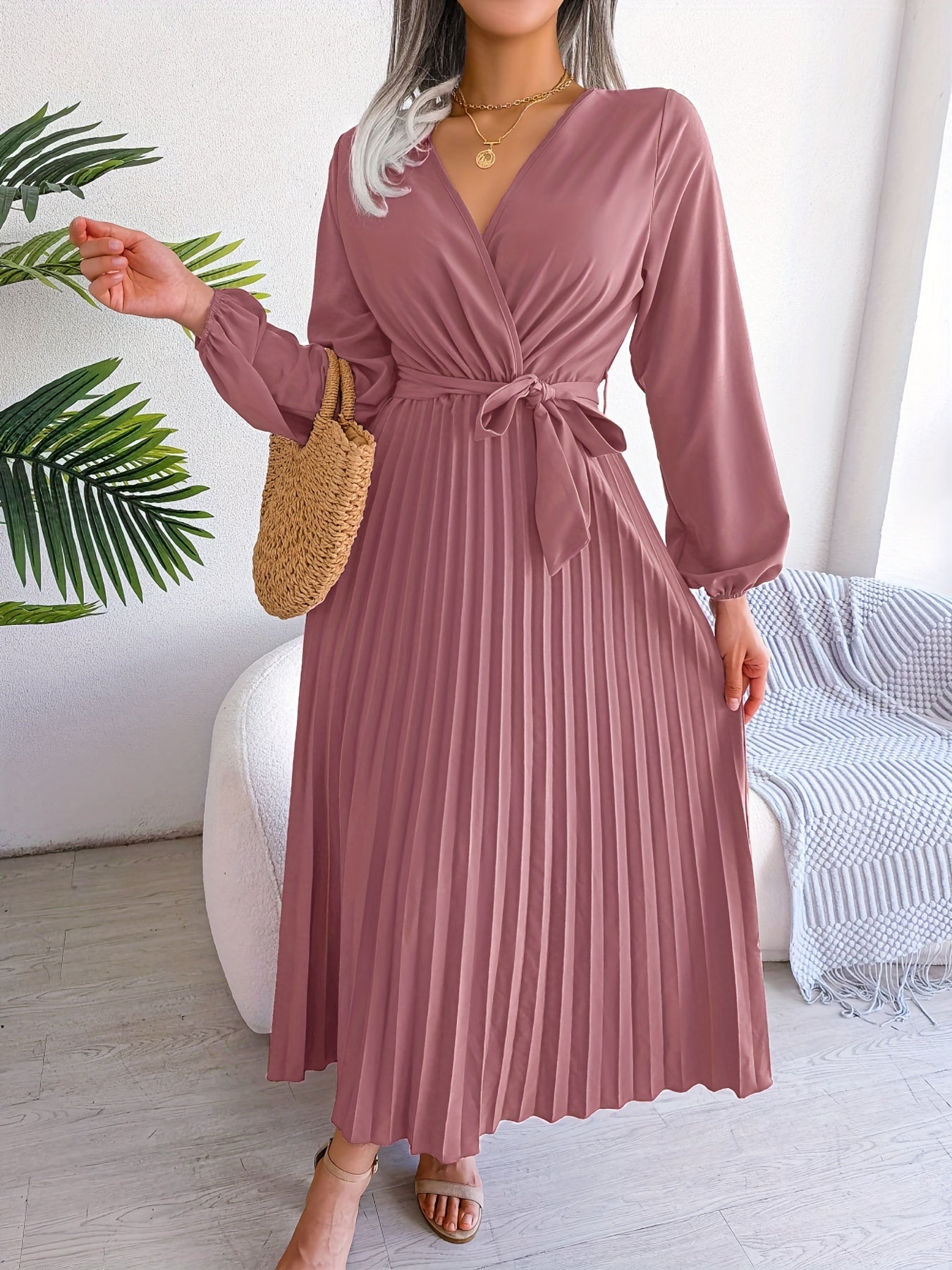 Pleated Surplice Neck Dress, Elegant Long Sleeve Solid Dress, Women's Clothing