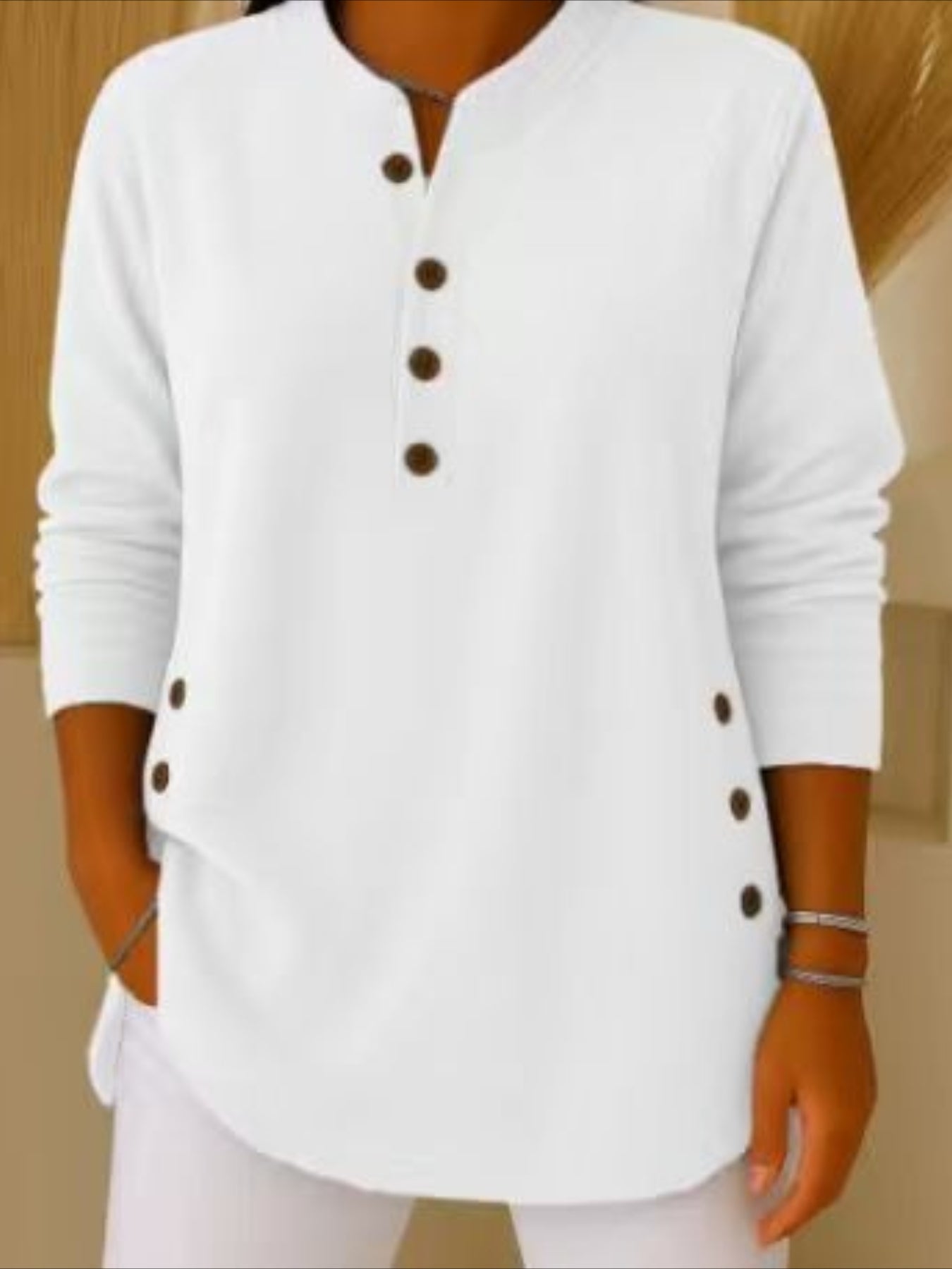 Corduroy Solid Color Loose Casual V-Neck Button Long Sleeve Top