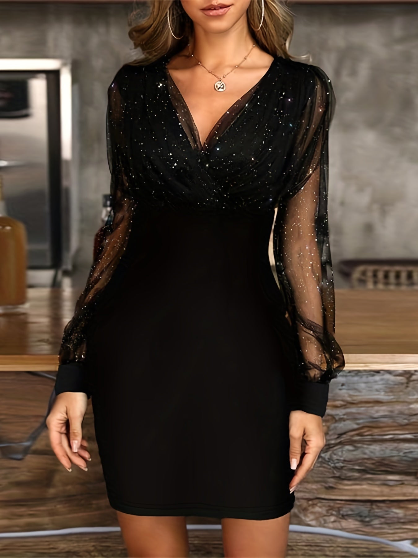 Solid Sequin Stitching Lace Long Sleeve Dress, Elegant Mesh Slim Sexy Party Dress