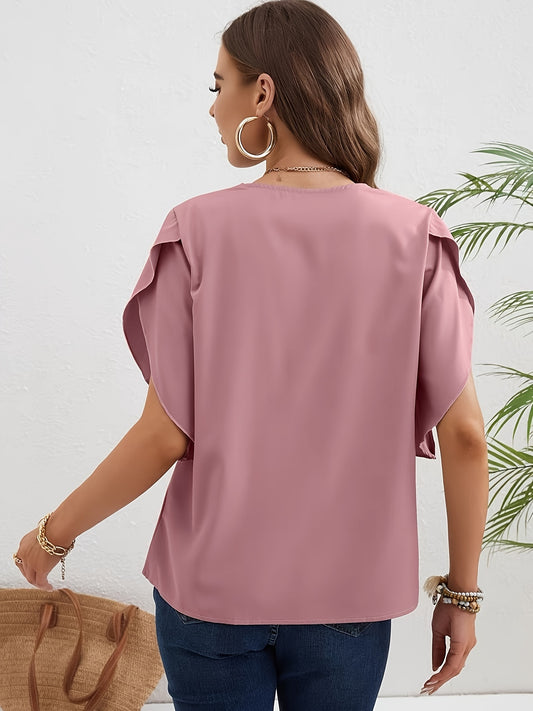 Solid Lace Stitching Blouse, Casual Petal Sleeve Blouse
