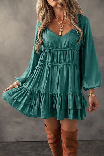 Mist Green Tiered Ruffled Puff Sleeve Loose Fit Mini Dress