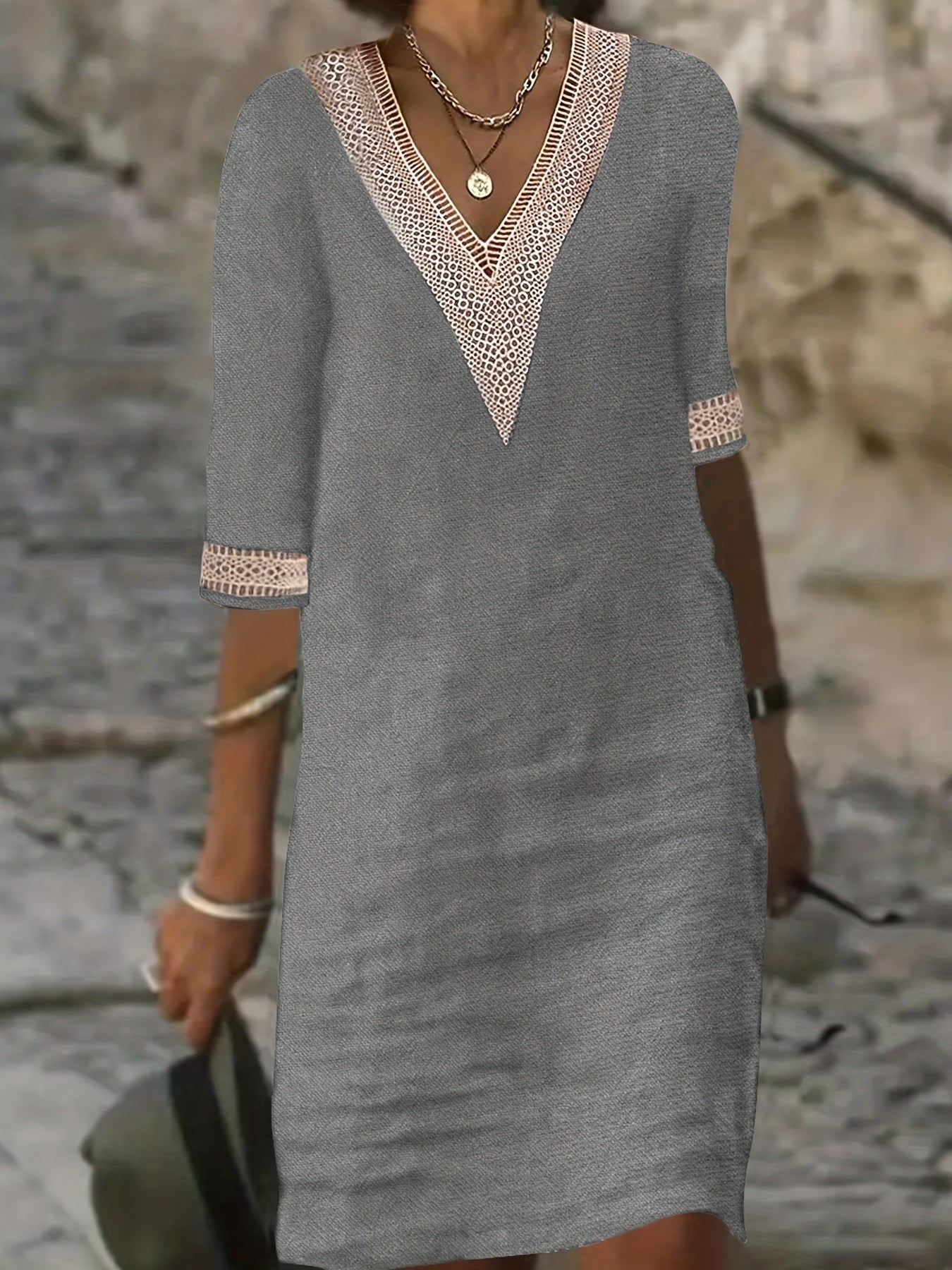 Guipure Lace V Neck Dress, Casual Short Sleeve Dress