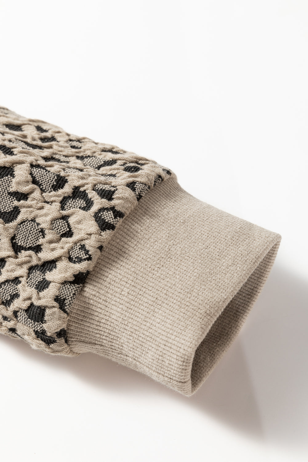 Khaki Ribbed Trim Leopard Print Long Sleeve Top
