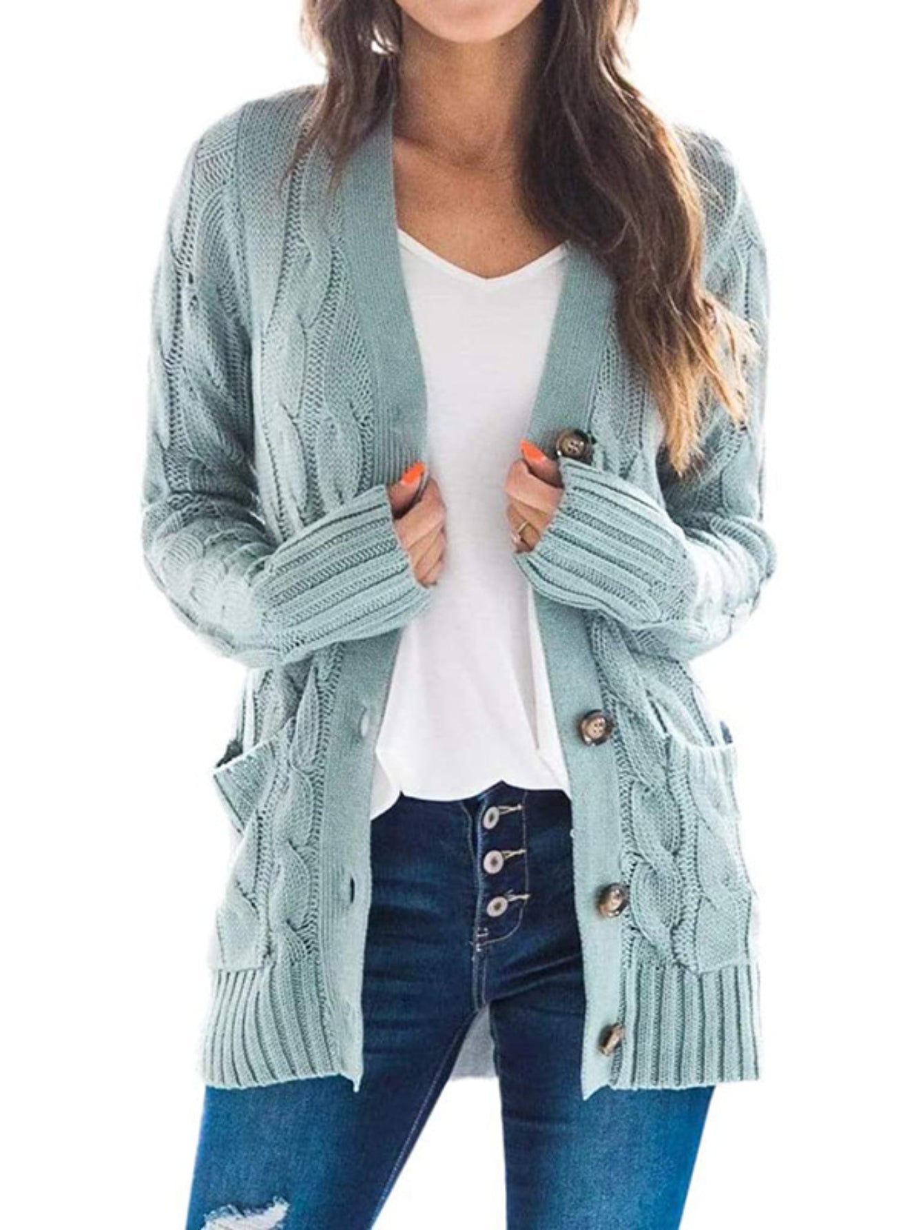 Cable Knit Button Front Cardigan, Casual Solid Long Sleeve Cardigan